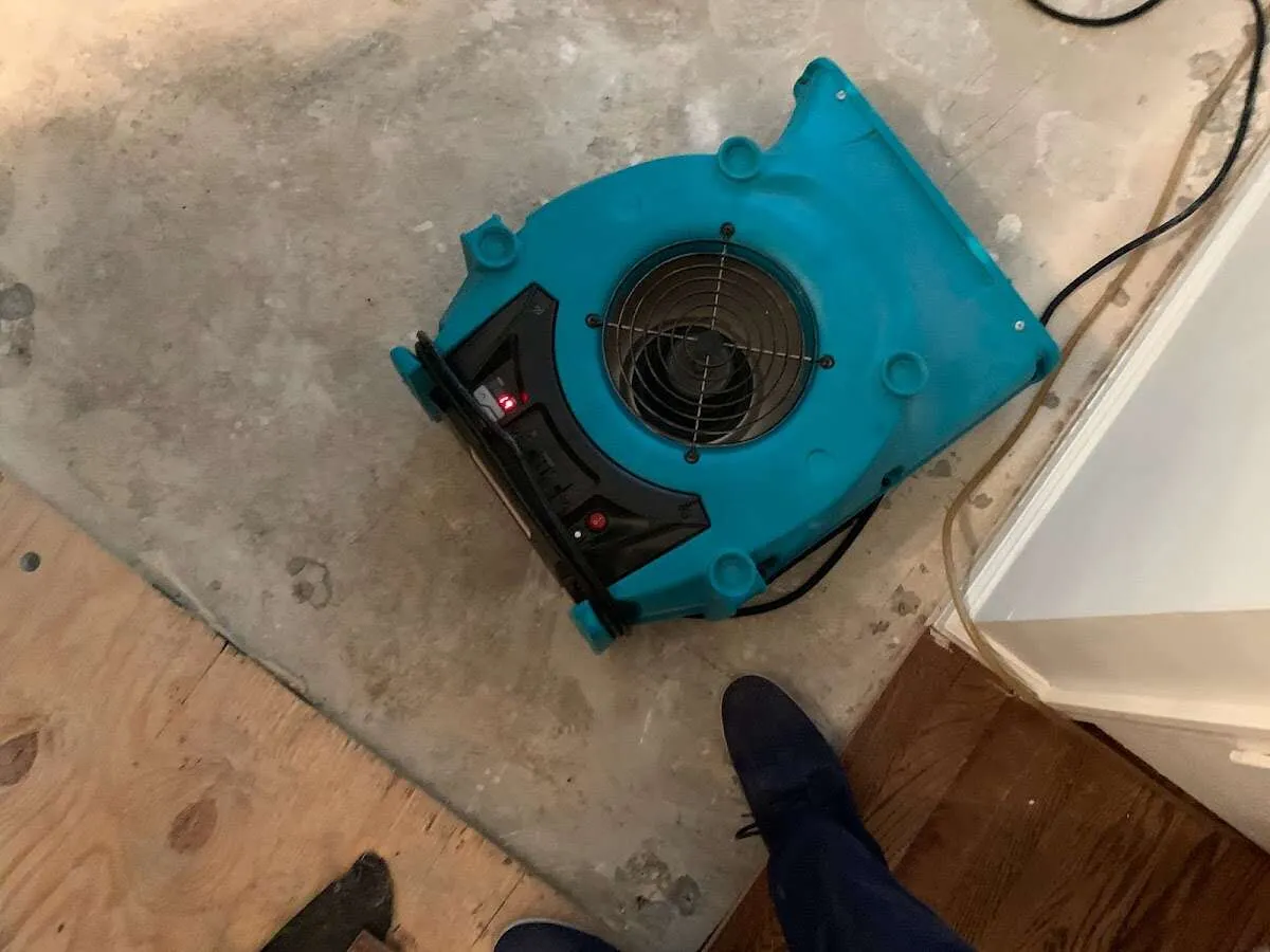 Air mover drying subfloor during Leak Detection & Repair in Maurice River